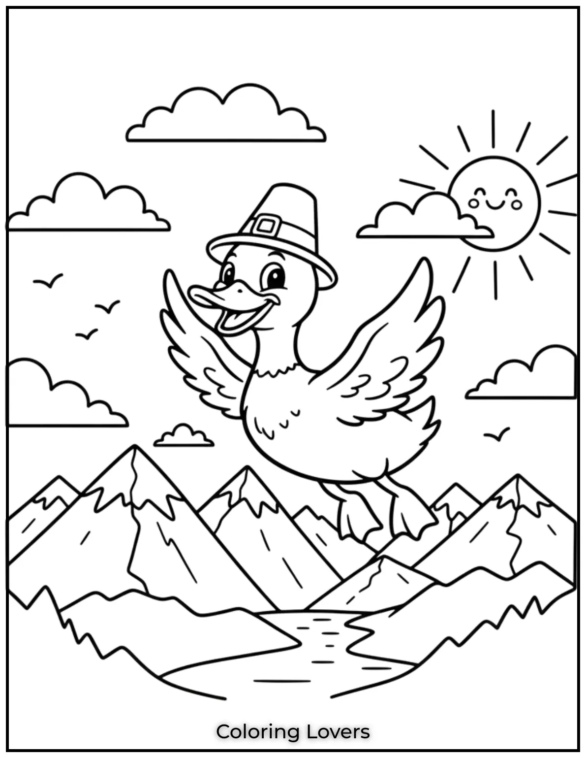 Duck Coloring Pages That Kids Like the Most 38 This duck coloring page shows a duck soaring over mountain peaks inviting little artists to bring this breathtaking view to life