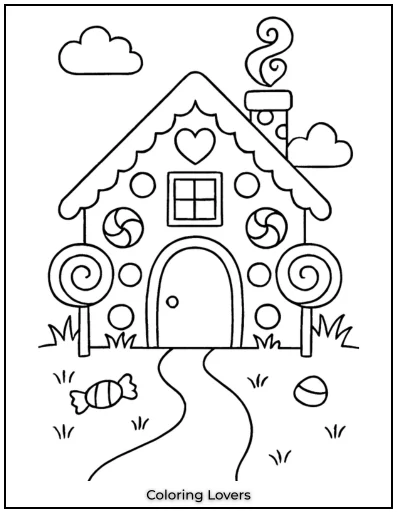 This fairy-tale cottage is surrounded by candy details. The swirly chimney adds a touch of magic.