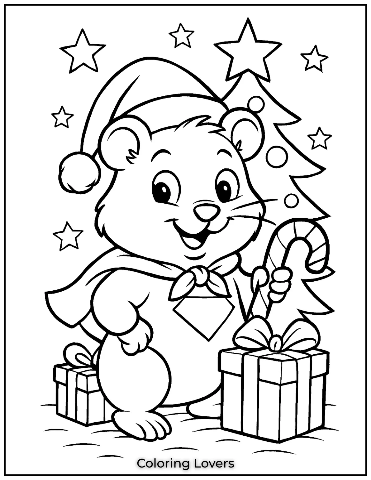 This festive hamster is ready for Christmas with presents and a candy cane…