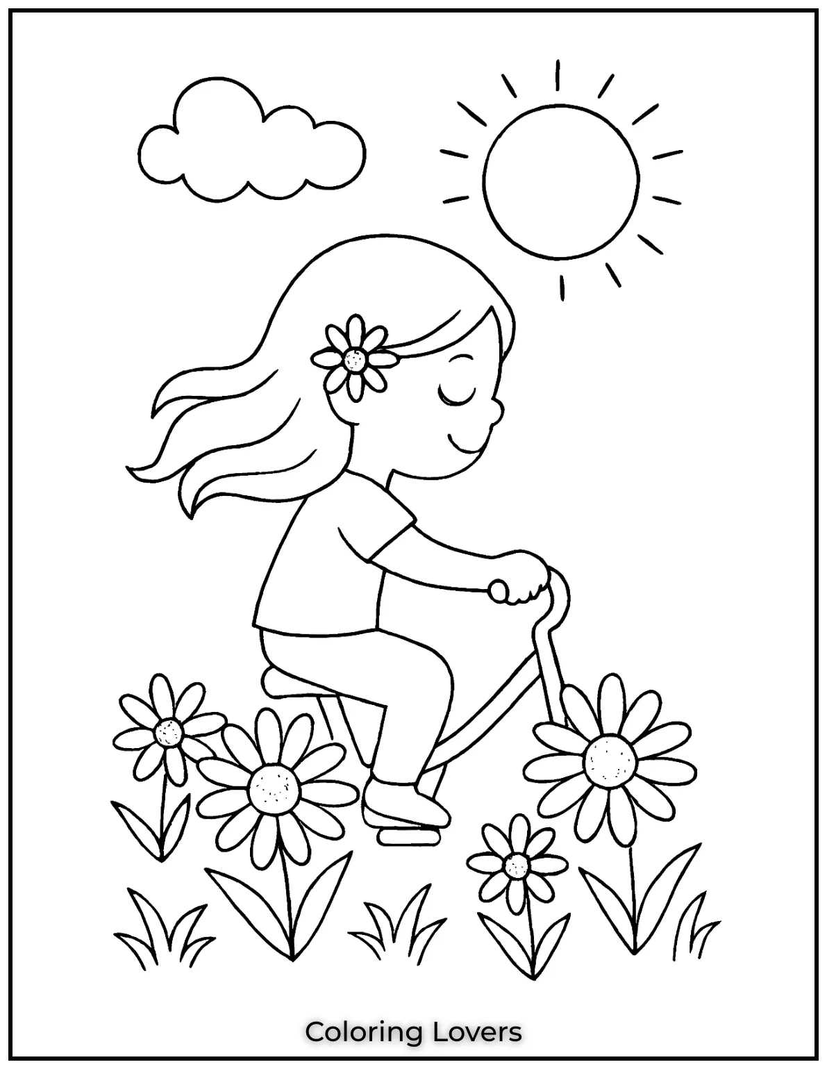 This free printable coloring page shows a girl riding a bike made of daisies.