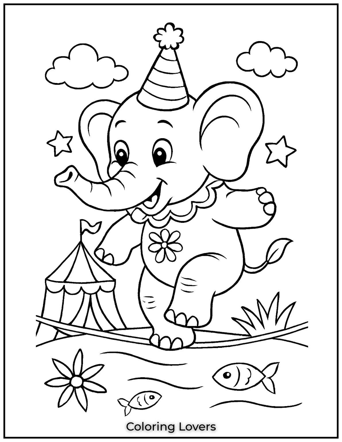This fun circus elephant balances on a tightrope. A lively page for imaginative coloring.
