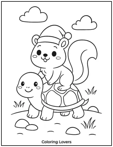 Squirrel Coloring Pages Kids Will Love to Color! 30 This fun coloring page shows a squirrel hitching a ride on a friendly turtle.