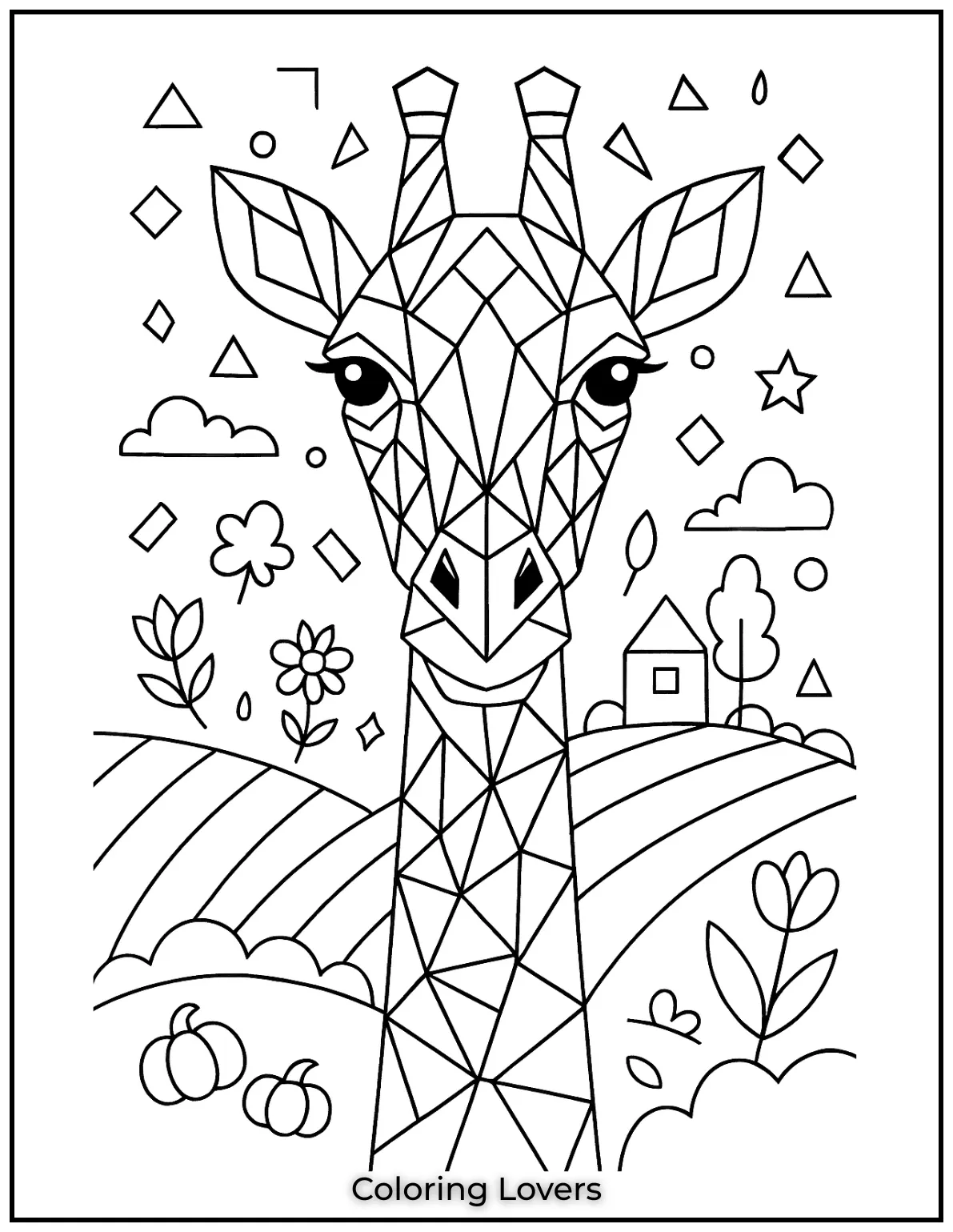 This geometric giraffe design offers a fun and modern twist for adult colorists.