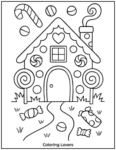 This gingerbread house coloring page is filled with candy coated details. Sweet treats make it fun to color.