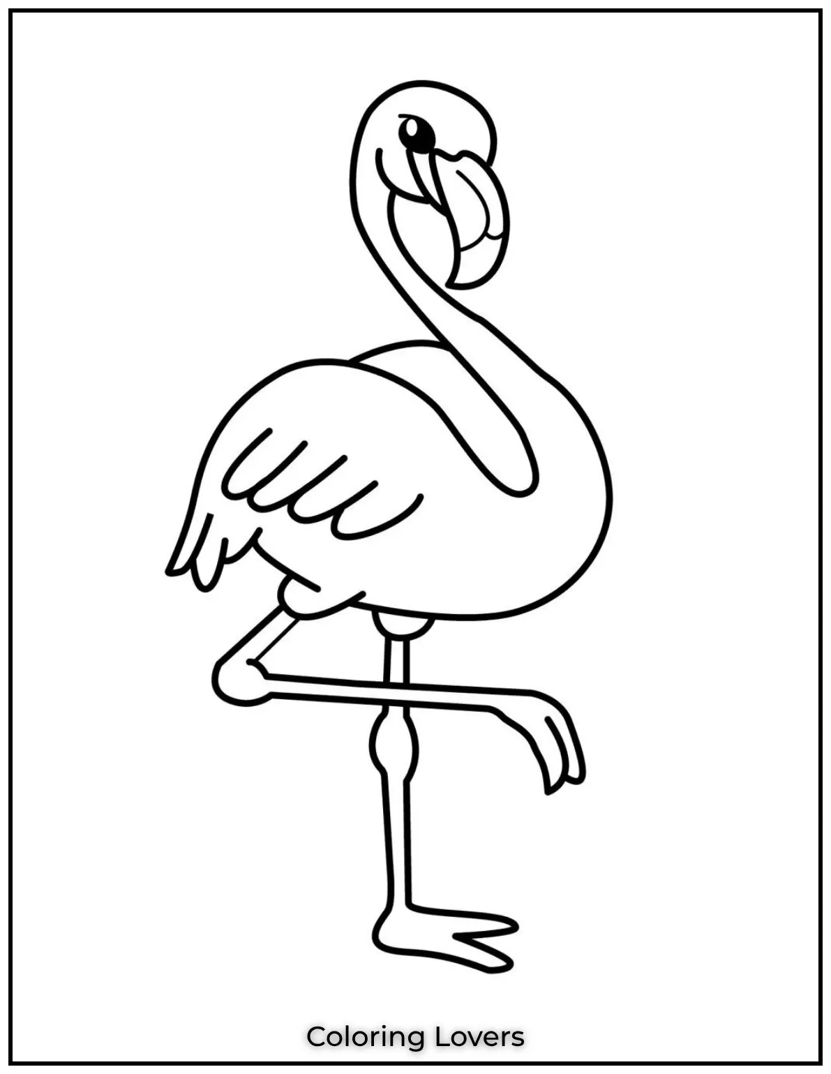 This graceful flamingo stands tall striking a pose with its curved neck and big cheerful eyes