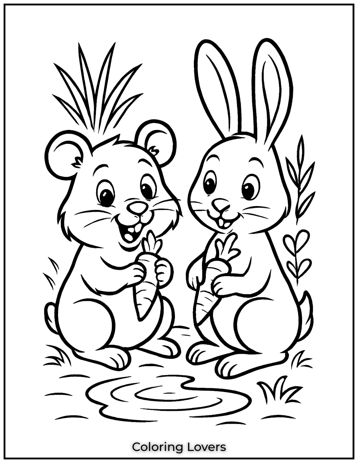 This hamster and his bunny friend are sharing a snack munching on carrots. A sweet hamster coloring page for kids who love animal pals