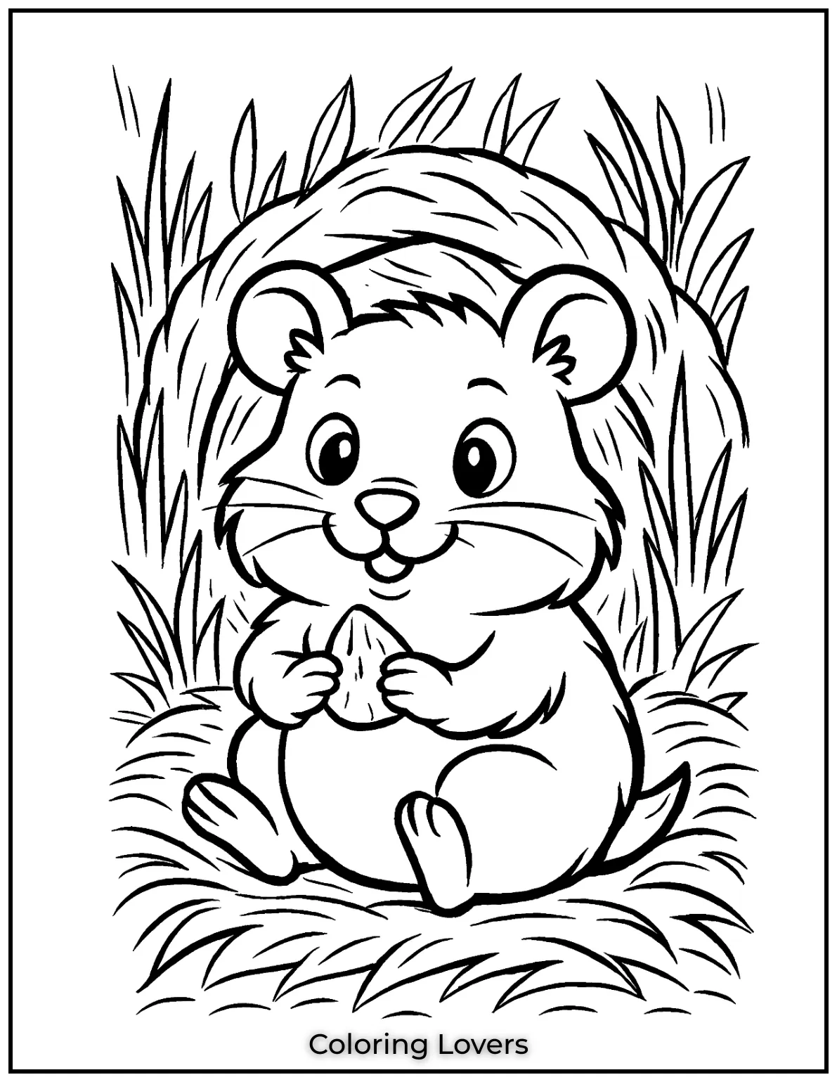 This hamster has made a cozy nest and is holding a snack. I hope kids enjoy coloring the fluffy fur and tiny details of this scene