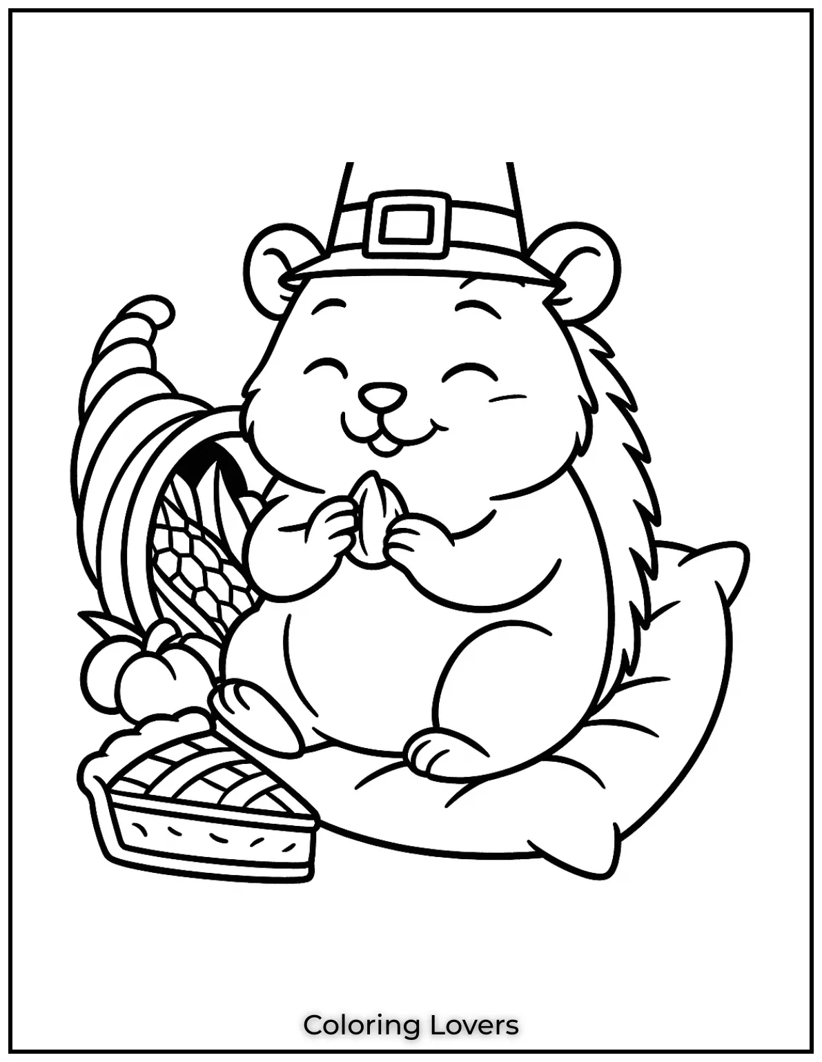 This hamster is ready for Thanksgiving with his pie and cornucopia. The little pilgrim hat adds a fun touch to this festive scene