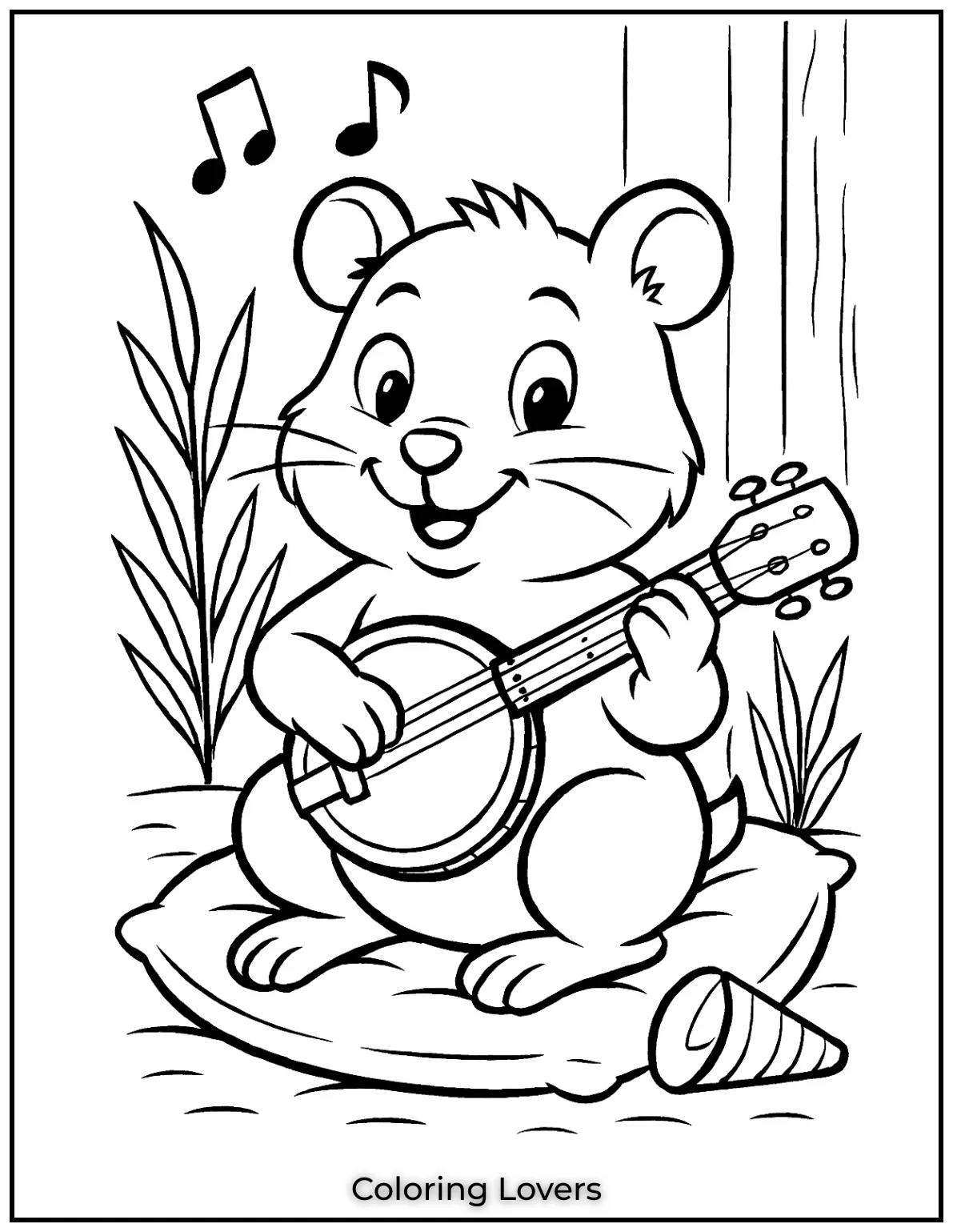This hamster is strumming a little banjo sitting cozily on his cushion