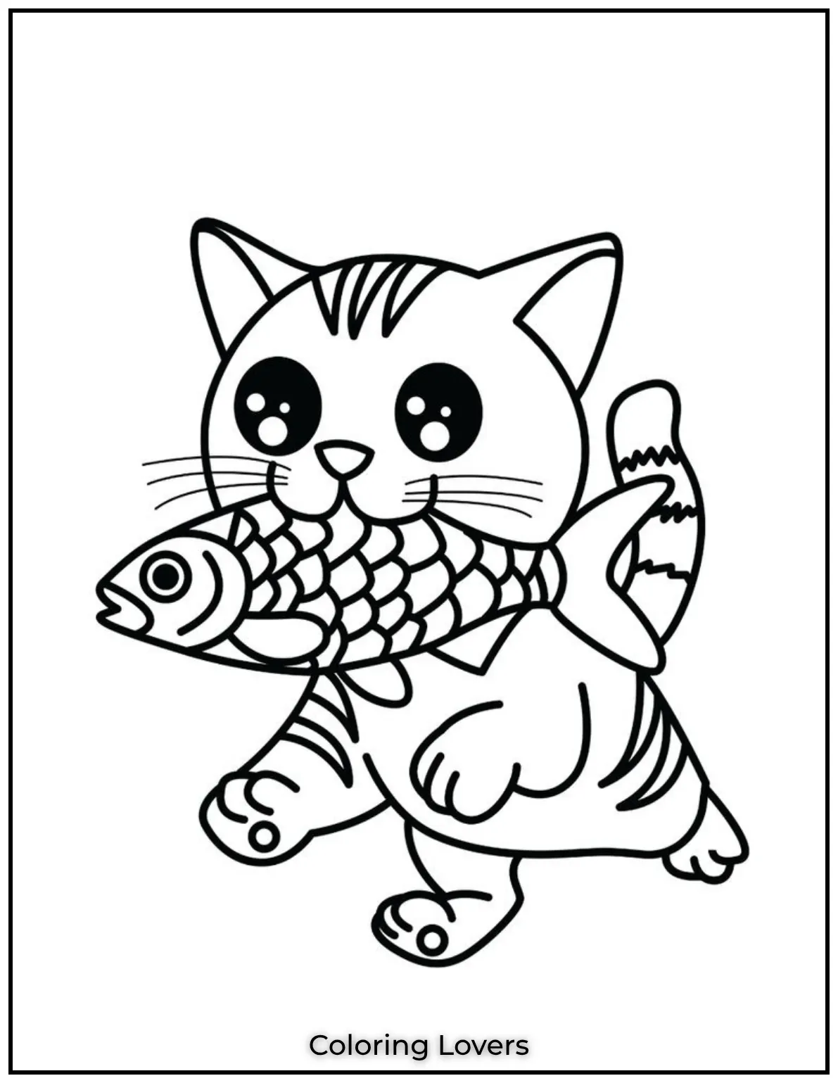 Fun and Free Cat Coloring Pages for Kids and Adults 15 This happy cat is proud of its little fishy friend. A fun and cheerful kawaii design for all ages