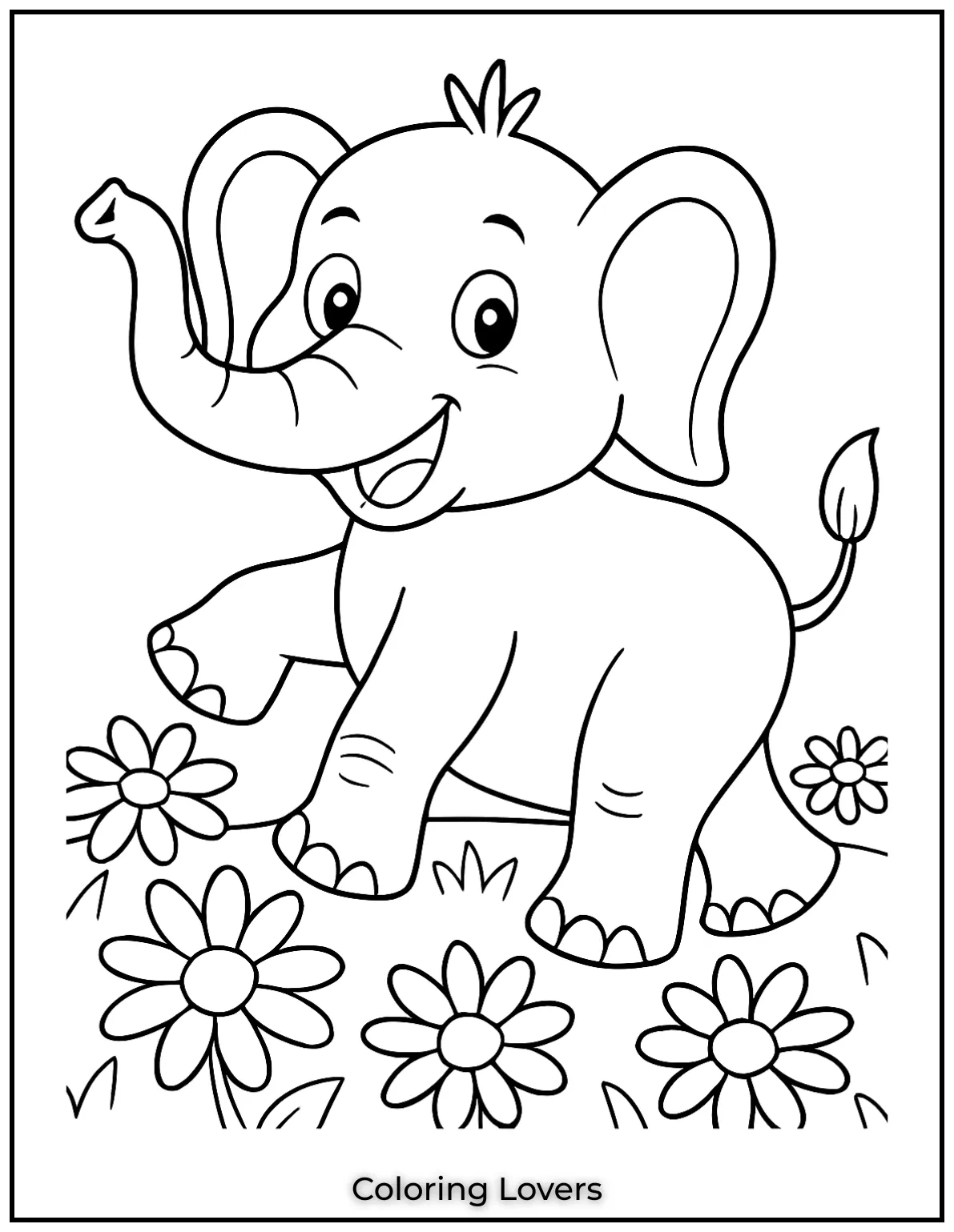 This happy elephant walking among daisies is a cheerful elephant coloring page for kids.
