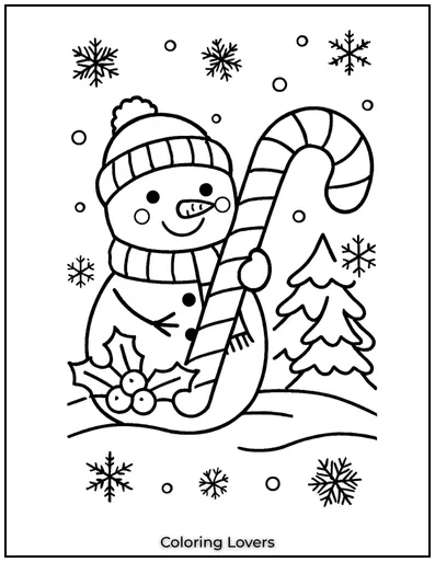 This happy snowman is holding a big candy cane, ready to share some holiday cheer