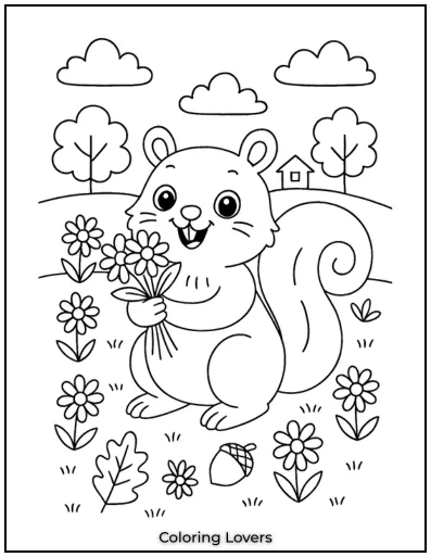 Squirrel Coloring Pages Kids Will Love to Color! 9 This happy squirrel is holding a bunch of flowers, surrounded by daisies