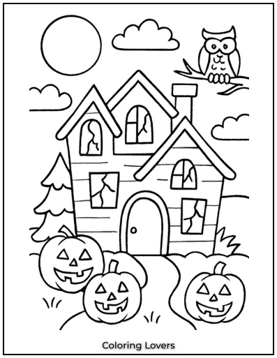 This haunted house is surrounded by glowing pumpkins. An owl watches as the full moon lights up the night.