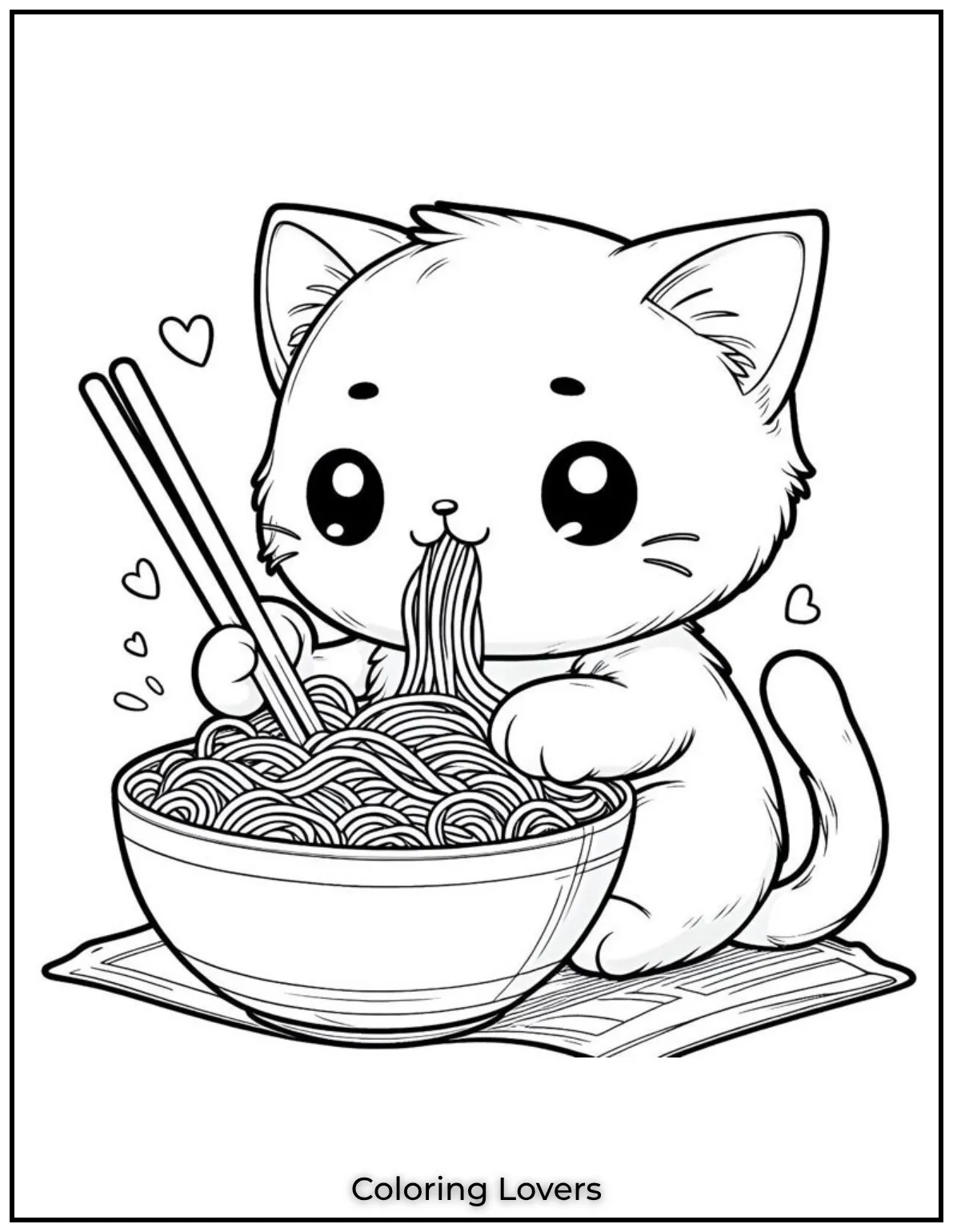 Fun and Free Cat Coloring Pages for Kids and Adults 24 This hungry kitty loves noodles A fun and quirky design for kids to color