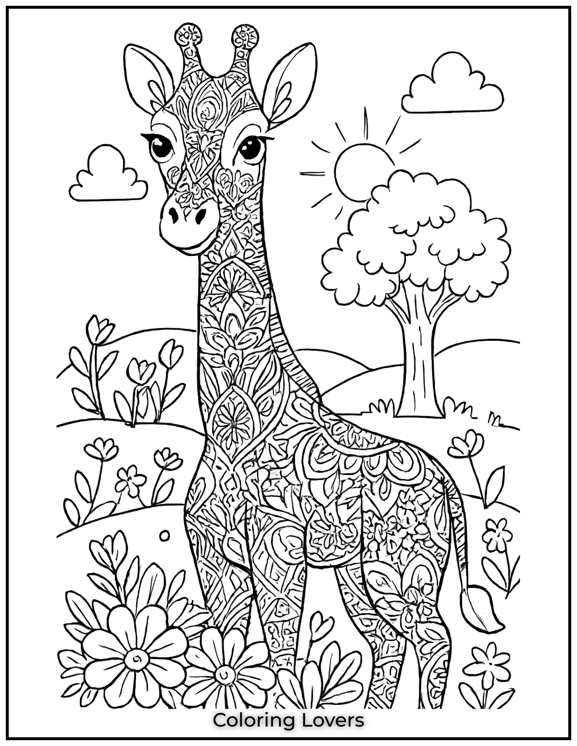 This intricate giraffe mandala is perfect for adults looking for a calming and creative activity..