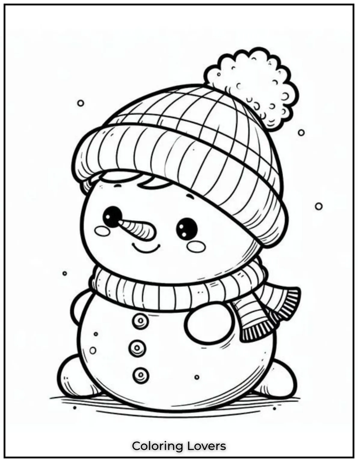 This jolly snowman spreads winter cheer with his big smile. A wonderful addition to your cute coloring pages