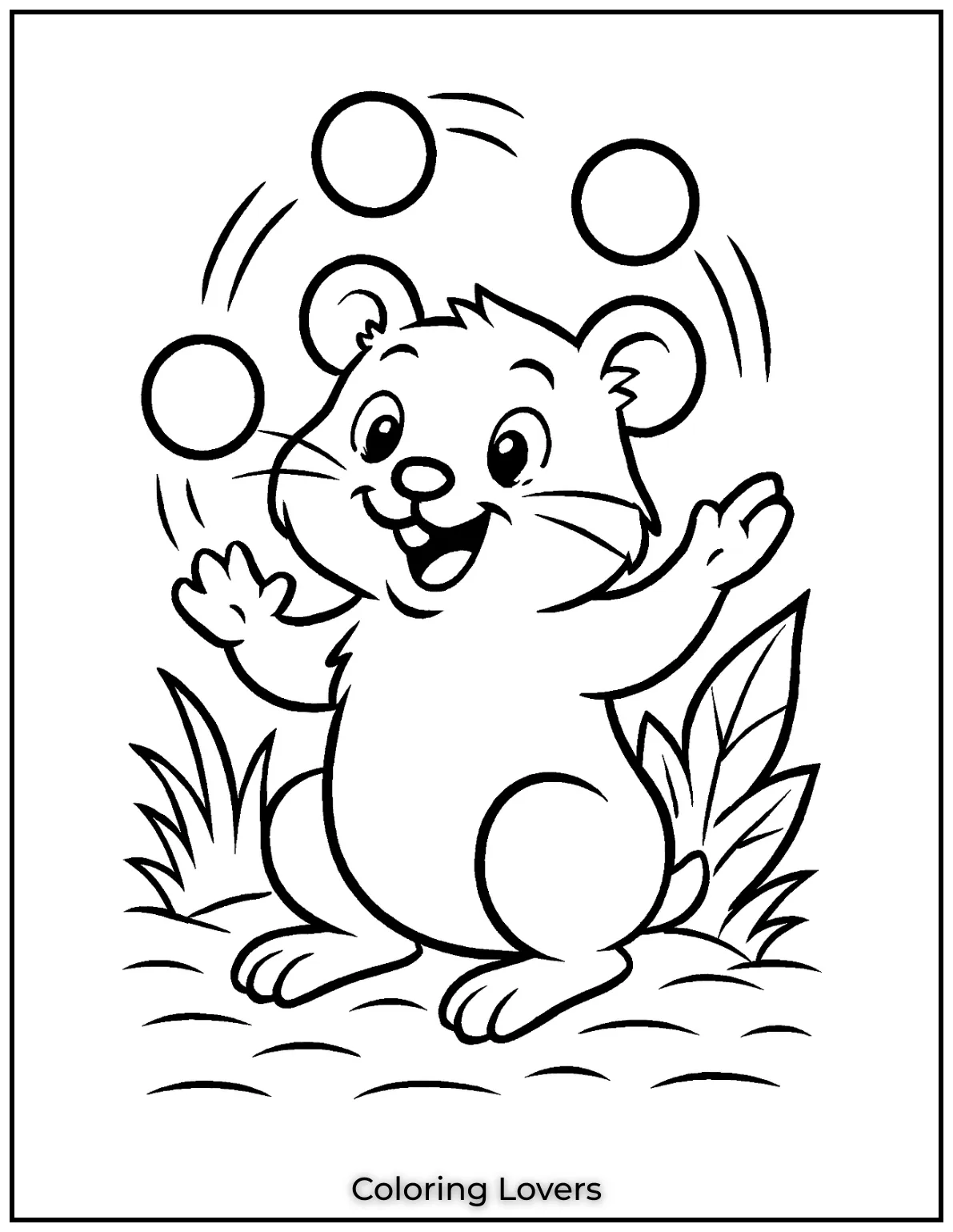 This juggling hamster is giving it his all balancing the balls mid air. I really enjoyed drawing his playful