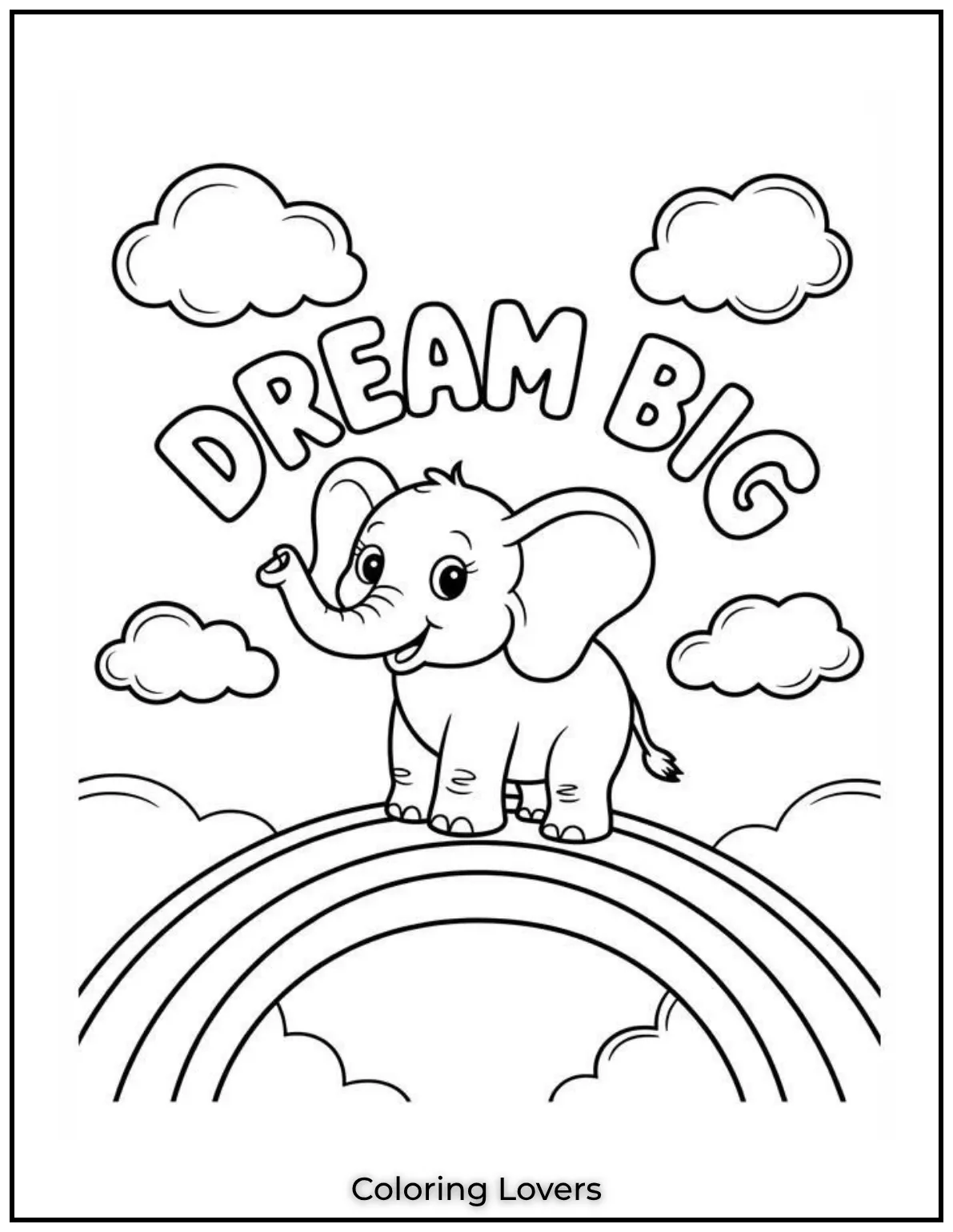 This little cute elephant sits happily under a rainbow. What colors will you choose for the rainbow