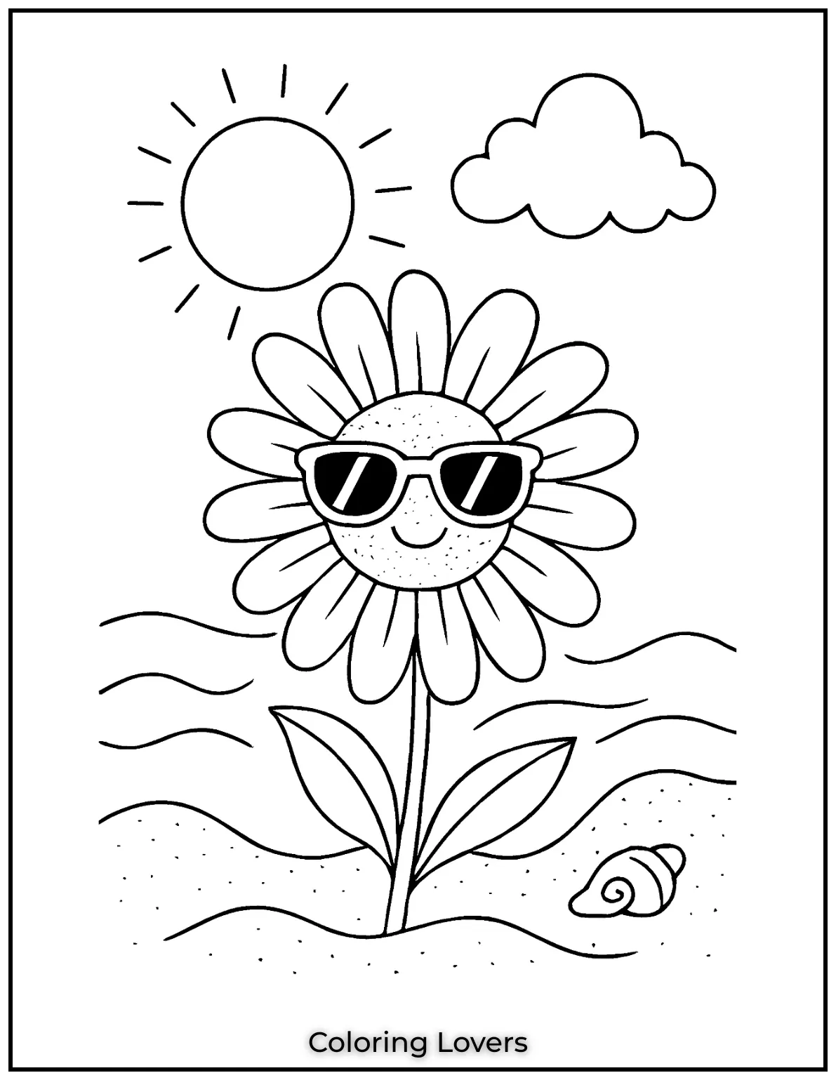 This little daisy is soaking up the sun by the beach. I had so much fun drawing her with sunglasses—it’s a playful scene perfect for kids who love the summer vibes.