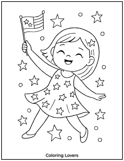 This little girl twirls with a flag, her dress covered in stars like a firework show