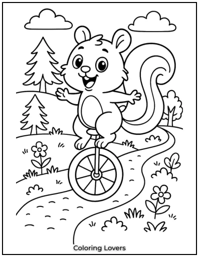Squirrel Coloring Pages Kids Will Love to Color! 11 This little squirrel is showing off its balance skills on a unicycle.