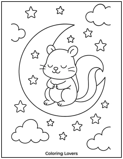 Squirrel Coloring Pages Kids Will Love to Color! 20 This little squirrel looks so peaceful sitting on the moon under the stars.