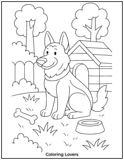 This loyal German Shepherd rests near his sturdy doghouse. Surrounded by trees, it’s the perfect outdoor retreat.