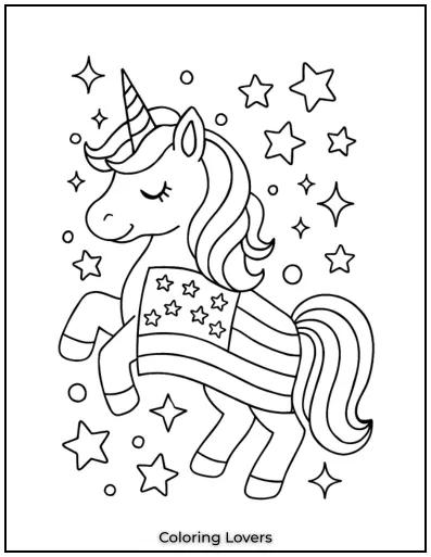 This magical unicorn shines bright with sparkles and a patriotic flag