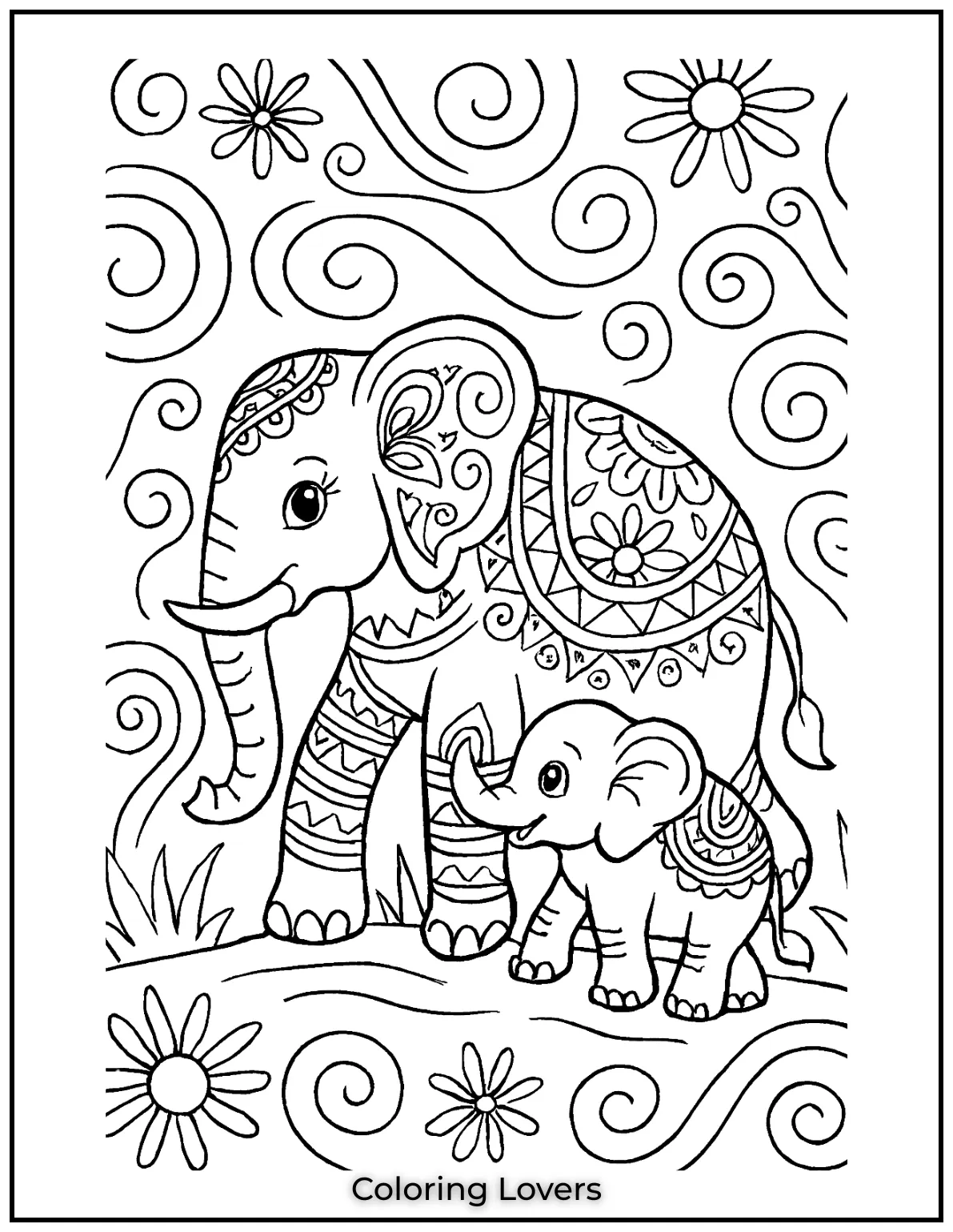 This majestic elephant, surrounded by patterns, offers a great opportunity to experiment with colors.