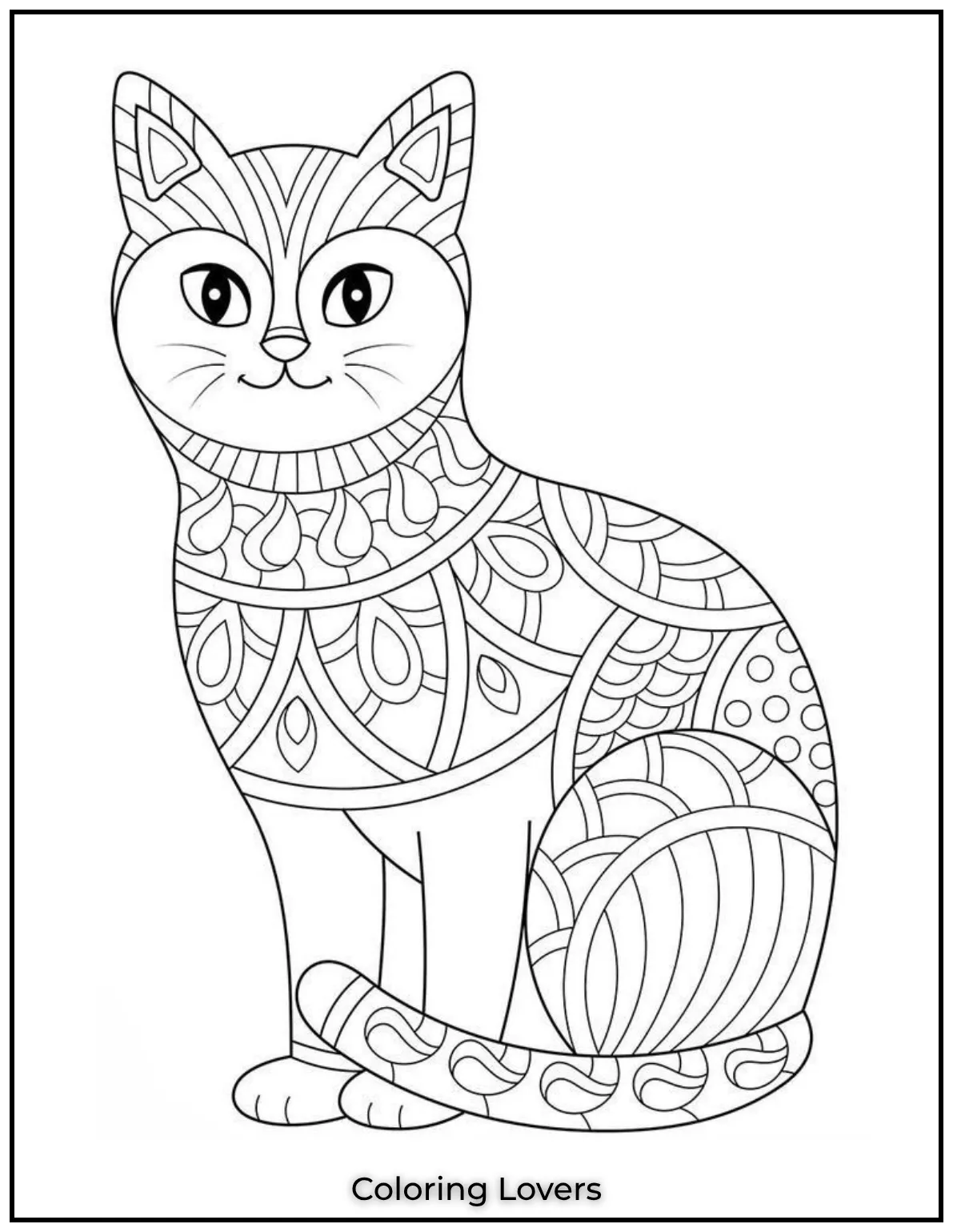 Fun and Free Cat Coloring Pages for Kids and Adults 51 This mandala style sitting cat features intricate patterns perfect for adults looking for a calming art escape