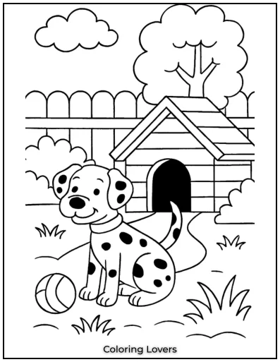 This playful Dalmatian is ready for fun in the backyard. His cozy little doghouse is the perfect spot for a nap.