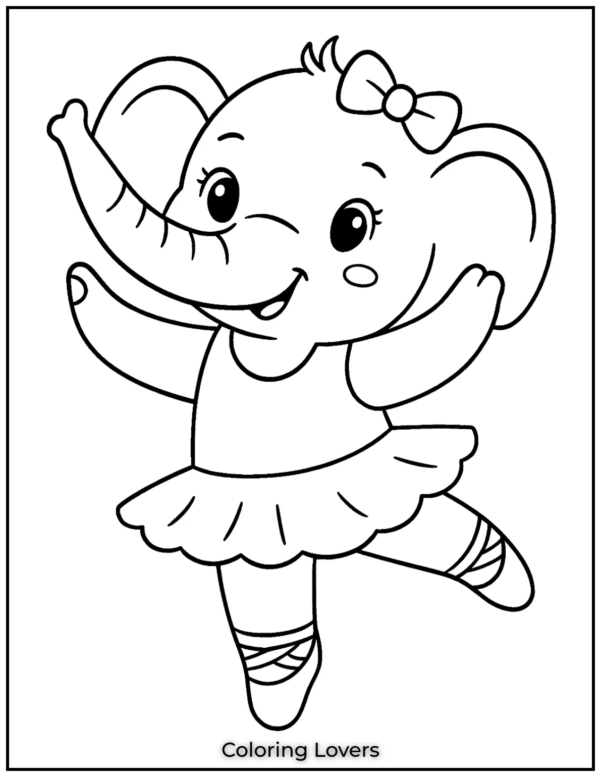 This playful elephant is ready for her ballet debut in a cute tutu! A great page for kids
