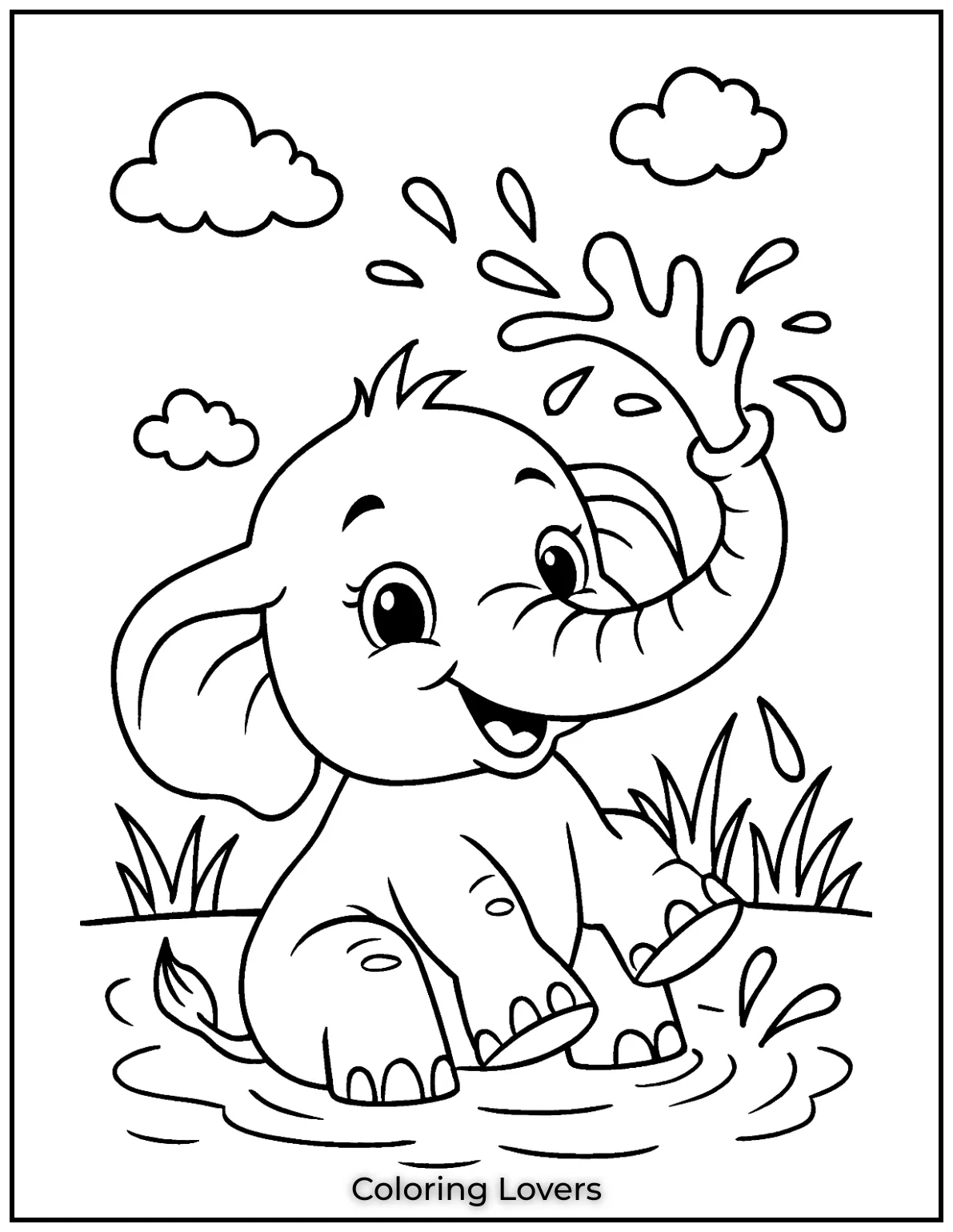 This playful elephant splashing water is so much fun to color, especially for kids who love nature.
