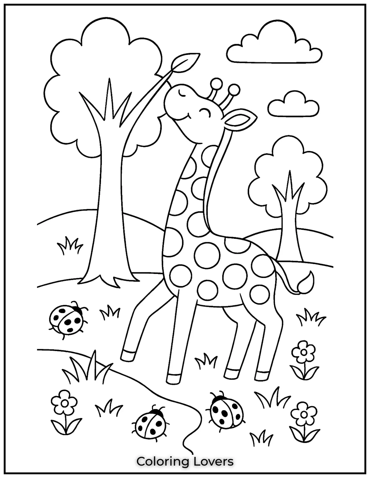 This playful giraffe is reaching for the tastiest leaves, while ladybugs watch nearby.