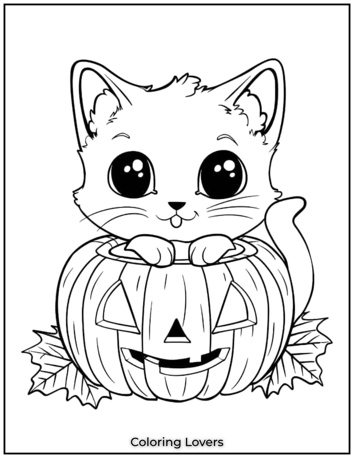 This playful kitten peeks out from a smiling pumpkin. Its a purr fect Halloween scene to color