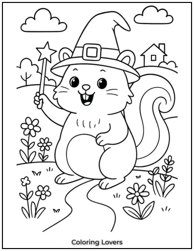 Squirrel Coloring Pages Kids Will Love to Color! 3 This playful squirrel is ready for Halloween with a witch hat and wand