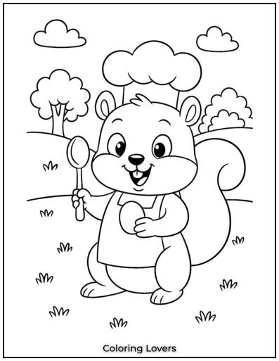 Squirrel Coloring Pages Kids Will Love to Color! 22 This playful squirrel is ready to cook something special with its chef’s hat and spoon.