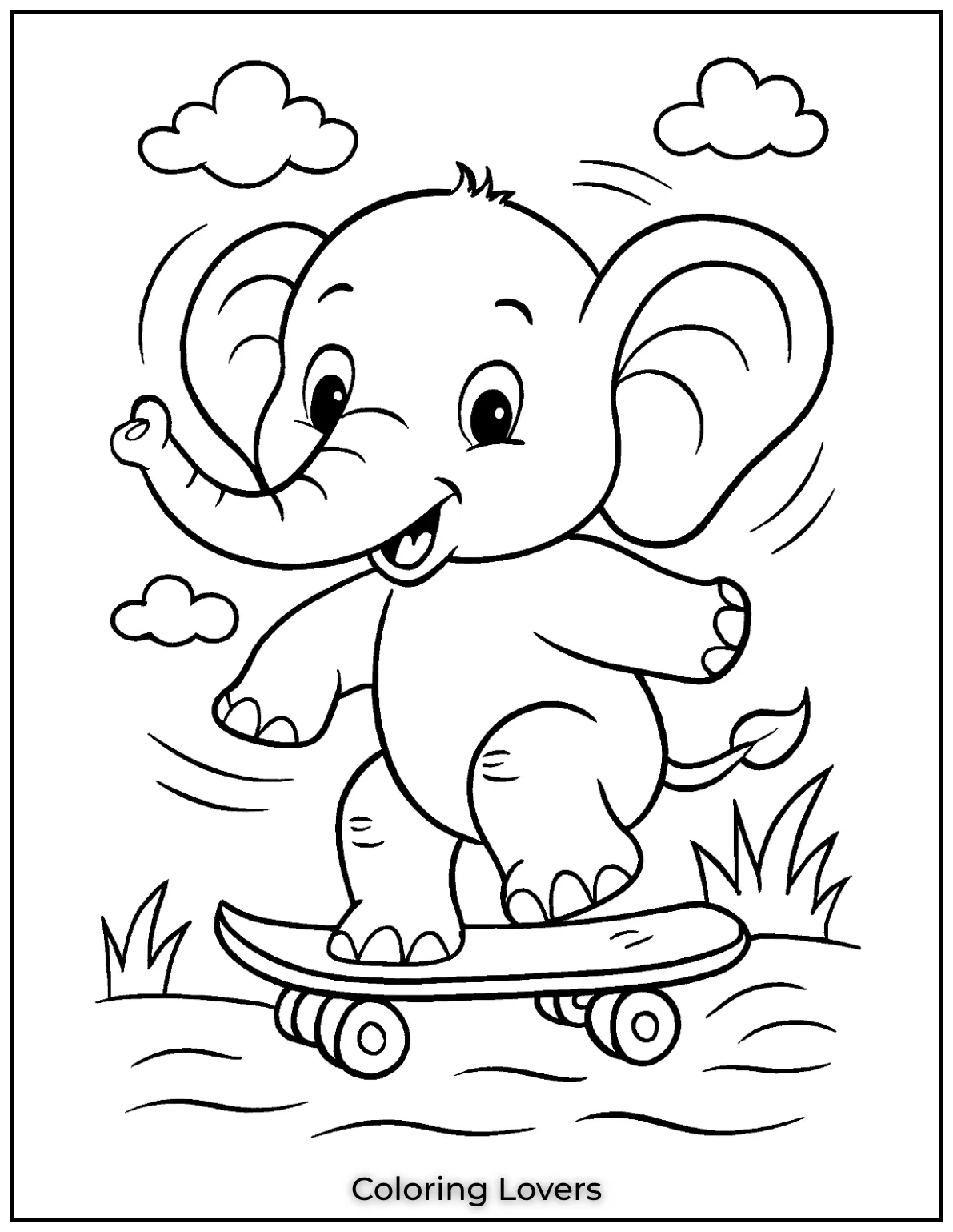 This printable elephant coloring page shows a fun elephant skateboarding.