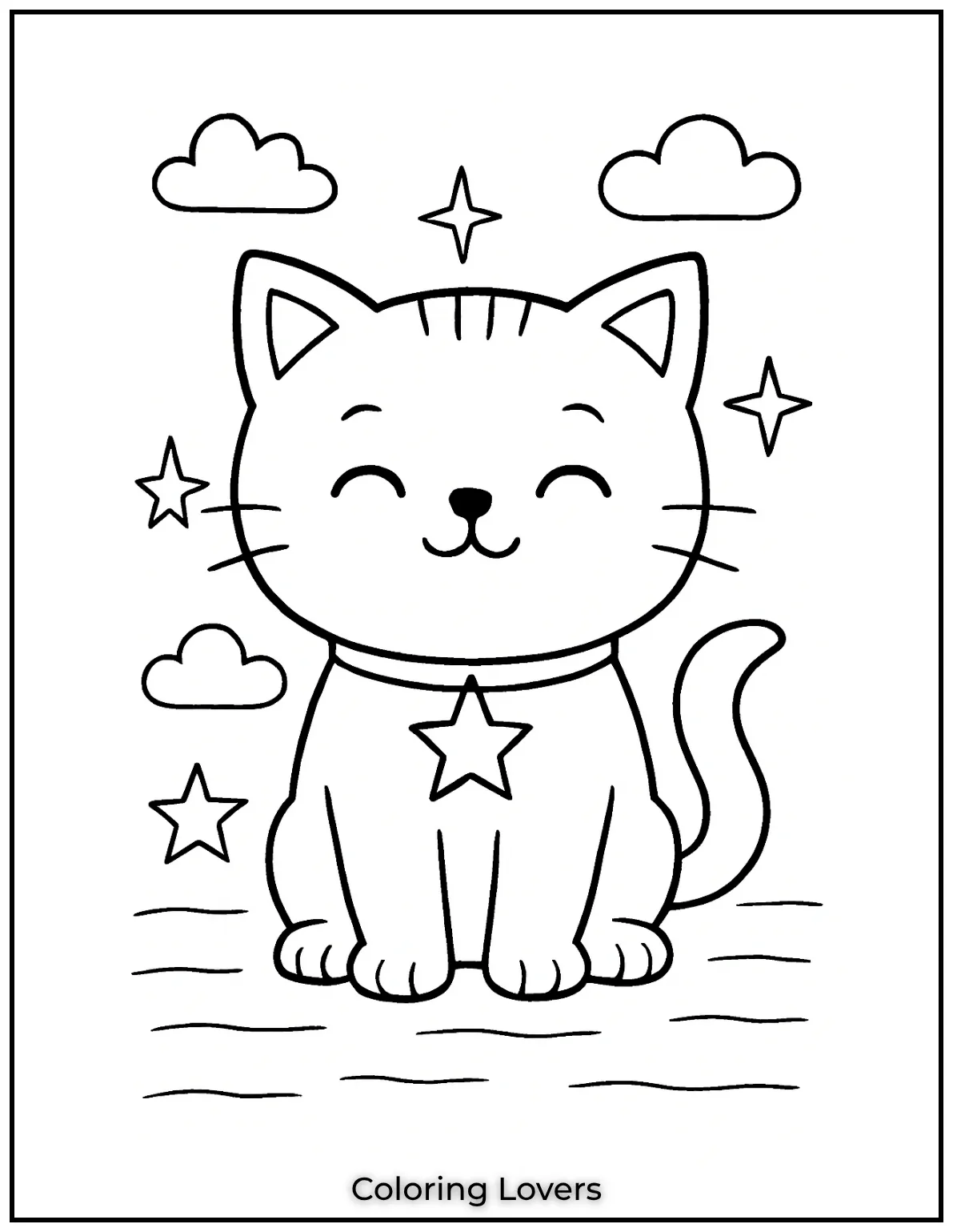 Fun and Free Cat Coloring Pages for Kids and Adults 21 This smiling cat with a star pendant is simply enchanting. A perfect addition to any coloring collection