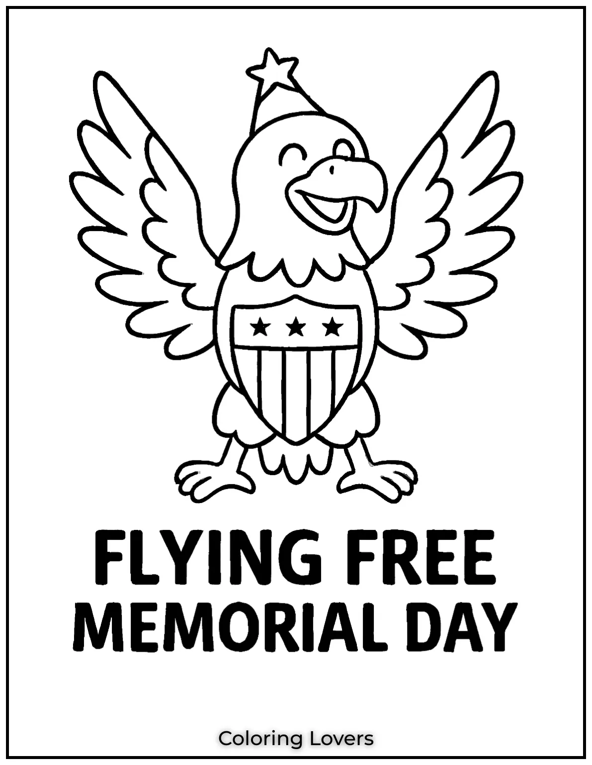 This smiling eagle wears a star hat and flaps with joy. Her wings frame the words FLYING FREE – MEMORIAL DAY