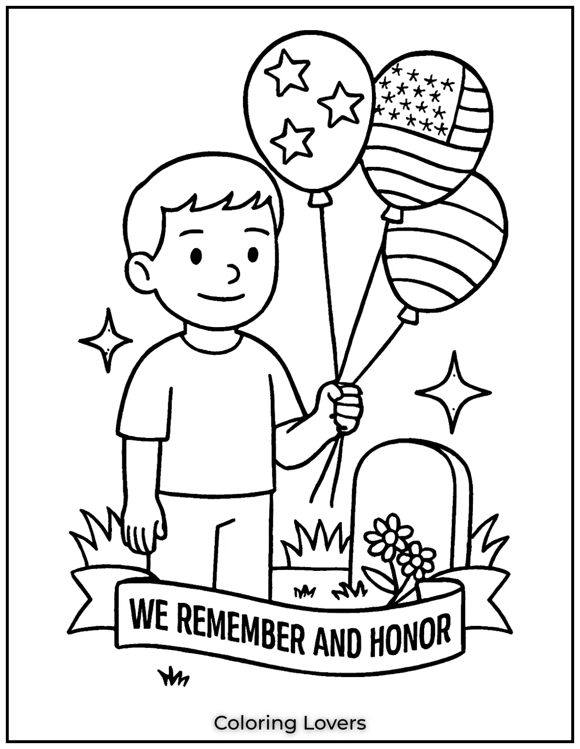 This smiling kid holds patriotic balloons. Below him the banner says WE REMEMBER AND HONOR