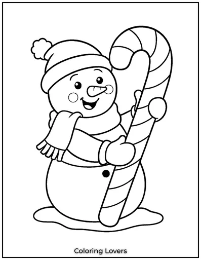This snowman is ready for winter fun with his candy cane. 
