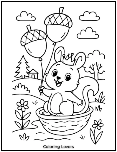 Squirrel Coloring Pages Kids Will Love to Color! 17 This squirrel found some acorn-shaped balloons.