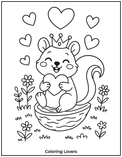 Squirrel Coloring Pages Kids Will Love to Color! 13 This squirrel is surrounded by hearts, ready to spread love.