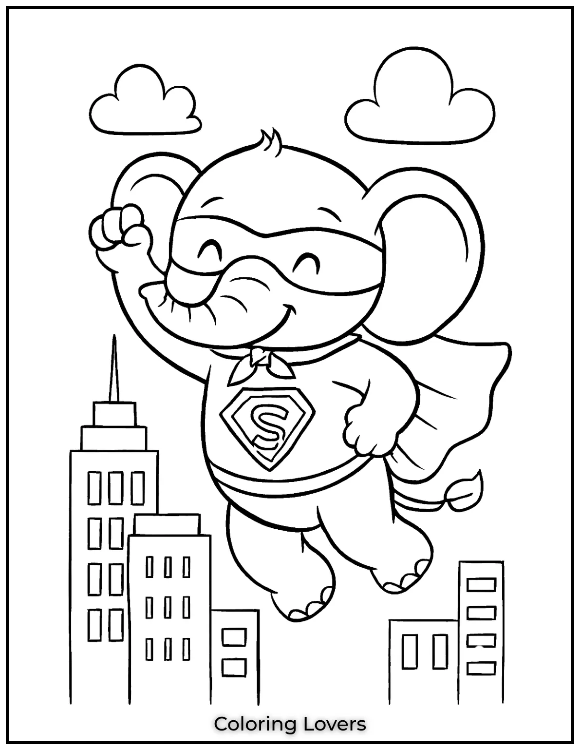 This superhero elephant is flying high over the city..
