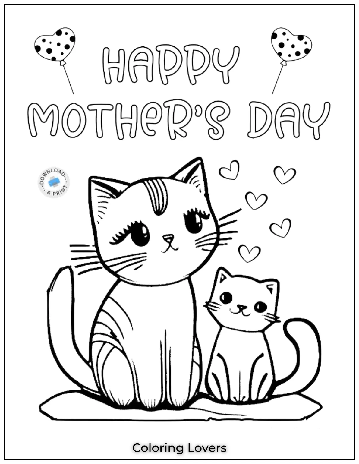 Fun and Free Cat Coloring Pages for Kids and Adults 41 This sweet cat with a rose is a perfect cat coloring page to celebrate Mothers Day love