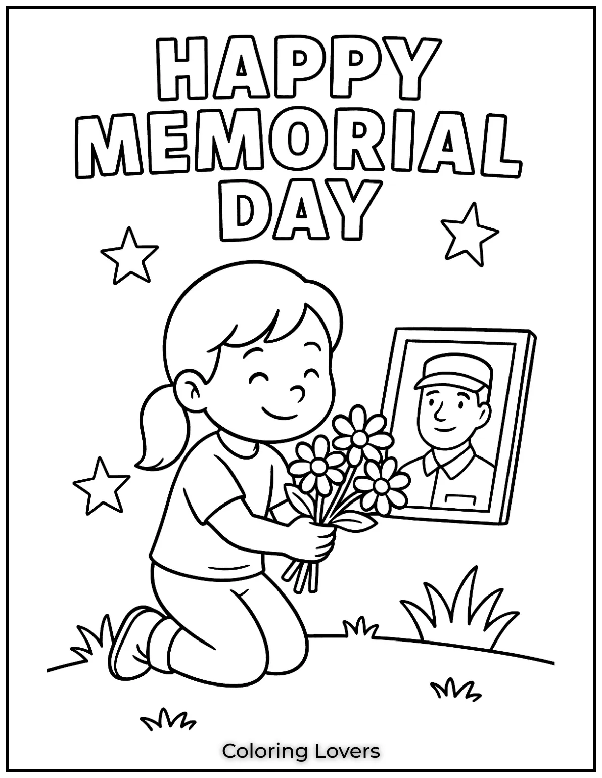 This sweet kid kneels with flowers near a soldiers photo. She honors them beside the message Happy Memorial Day