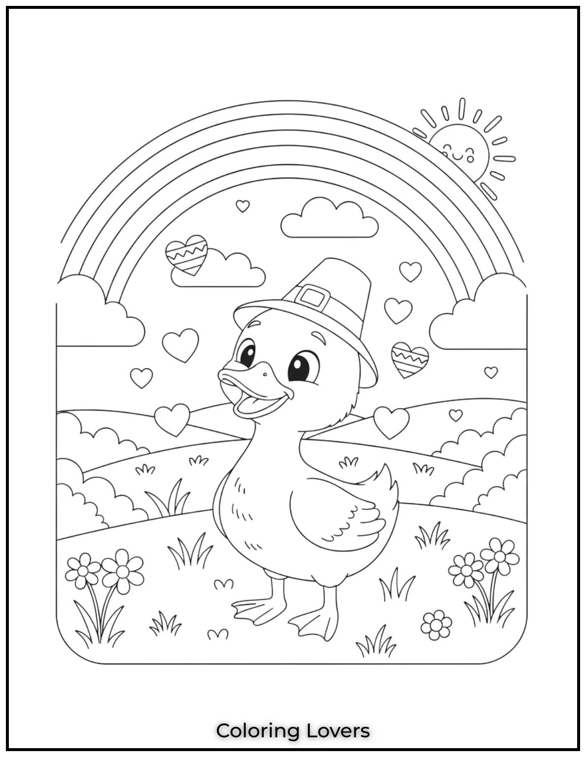 Duck Coloring Pages That Kids Like the Most 12 This sweet little duck under a rainbow surrounded by hearts is here to bring smiles