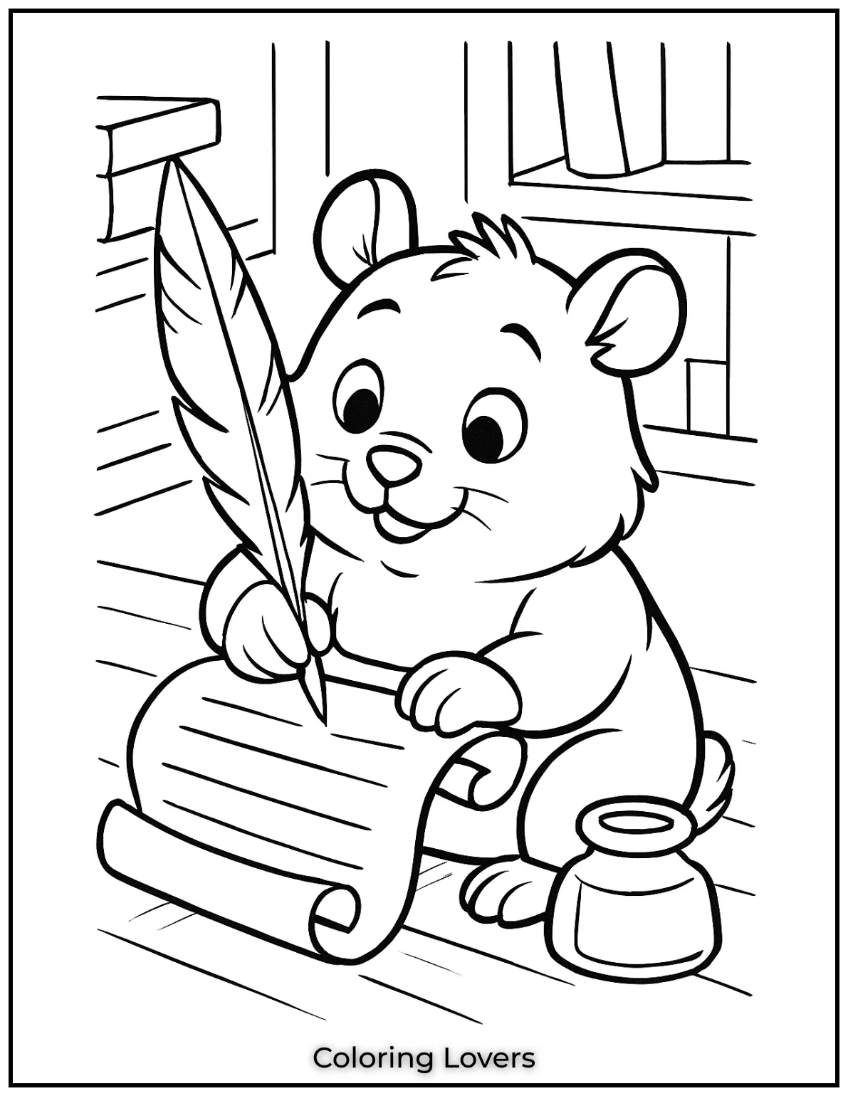 This thoughtful hamster is hard at work with his quill and scroll. Its the perfect hamster coloring page for kids who love creative and smart little animals